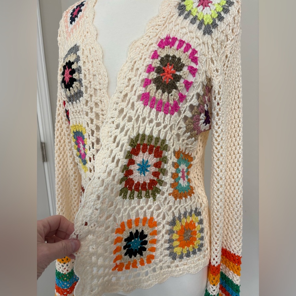 Women's Colorful Crochet Granny Square Cardigan Sweater Size Large - Picture 2 of 7
